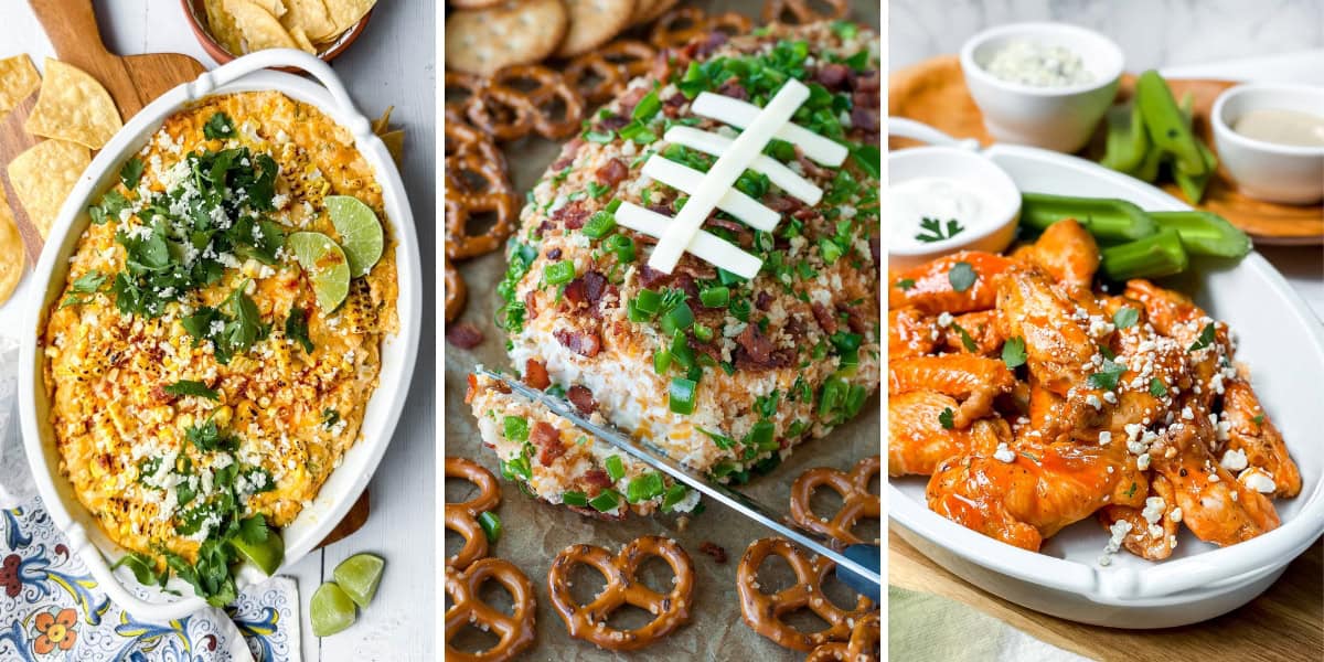 Three game day appetizers: corn dip with chips and lime wedges, a football-shaped cheese ball with pretzels, and buffalo chicken wings served with celery, sauce, and blue cheese dip.