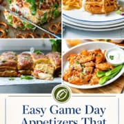 Four-image quad-grid collage of easy game day appetizers including dips, bites, and finger foods styled for a party spread.