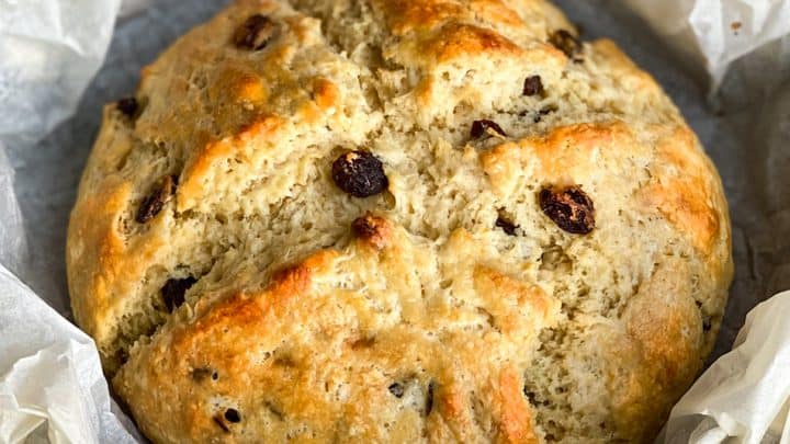 Closeup view of Irish Soda Bread on a White Background