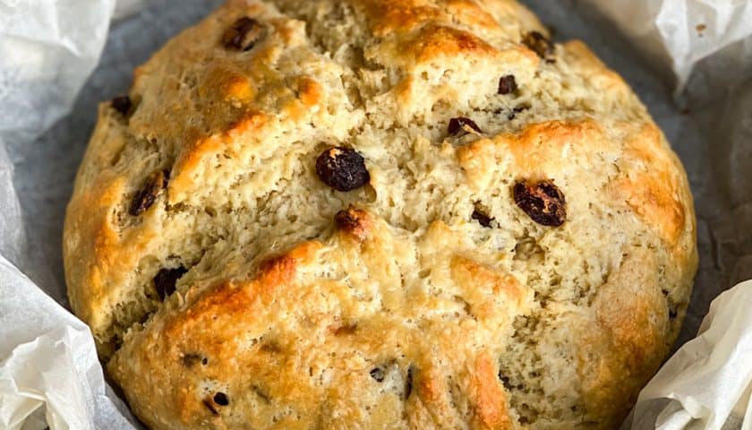 Closeup view of Irish Soda Bread on a White Background