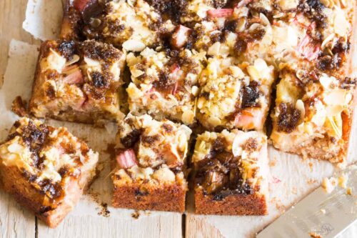 Side view of Rhubarb Cake cut into squares