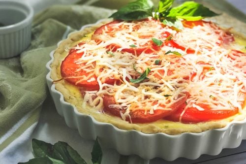 closeup of tomato basil tart