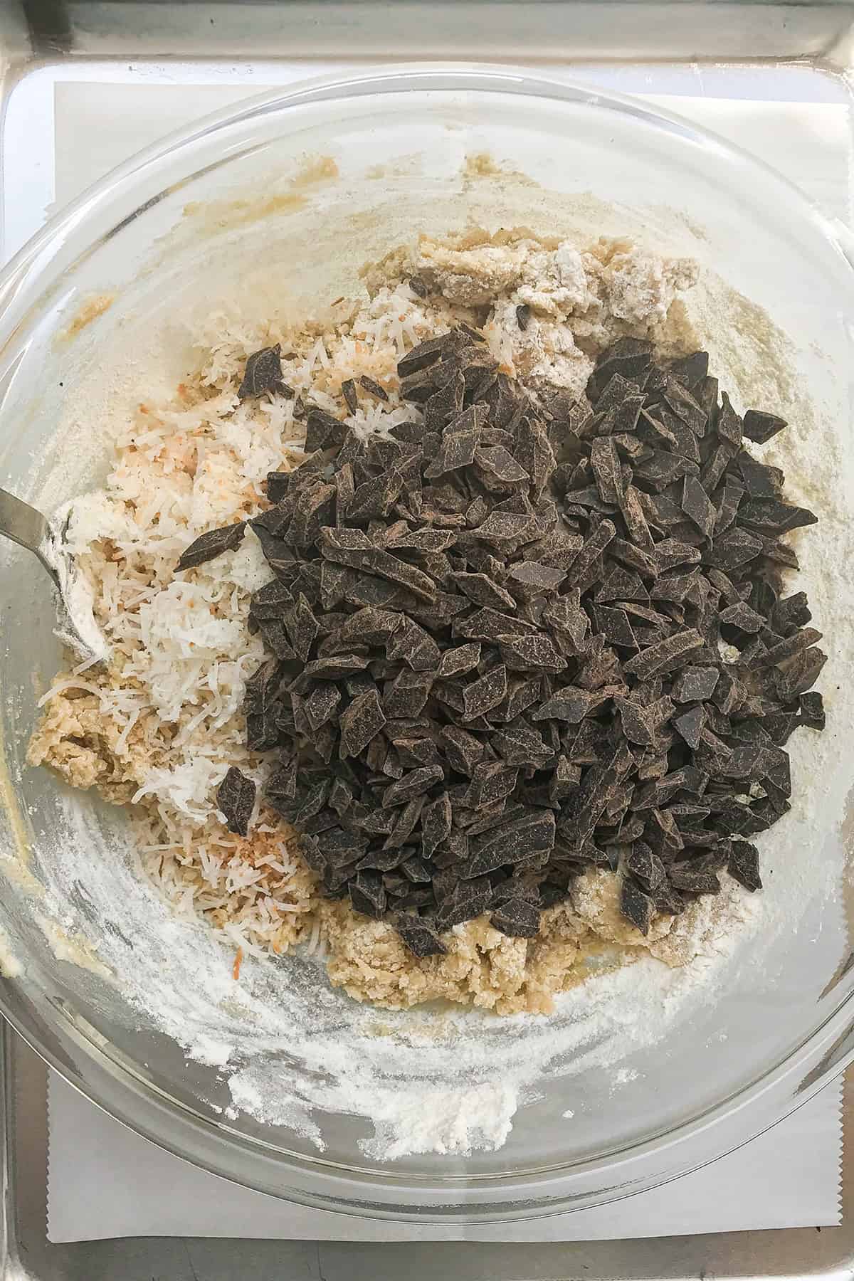 Nordstrom Royal Cookie dough in a glass bowl being mixed together.