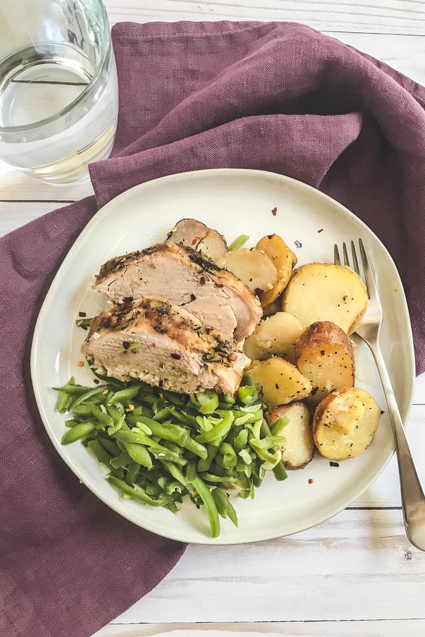 overhead shot of sliced pork tenderloin