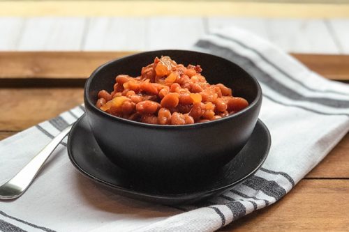closeup of slow cooker boston baked beans