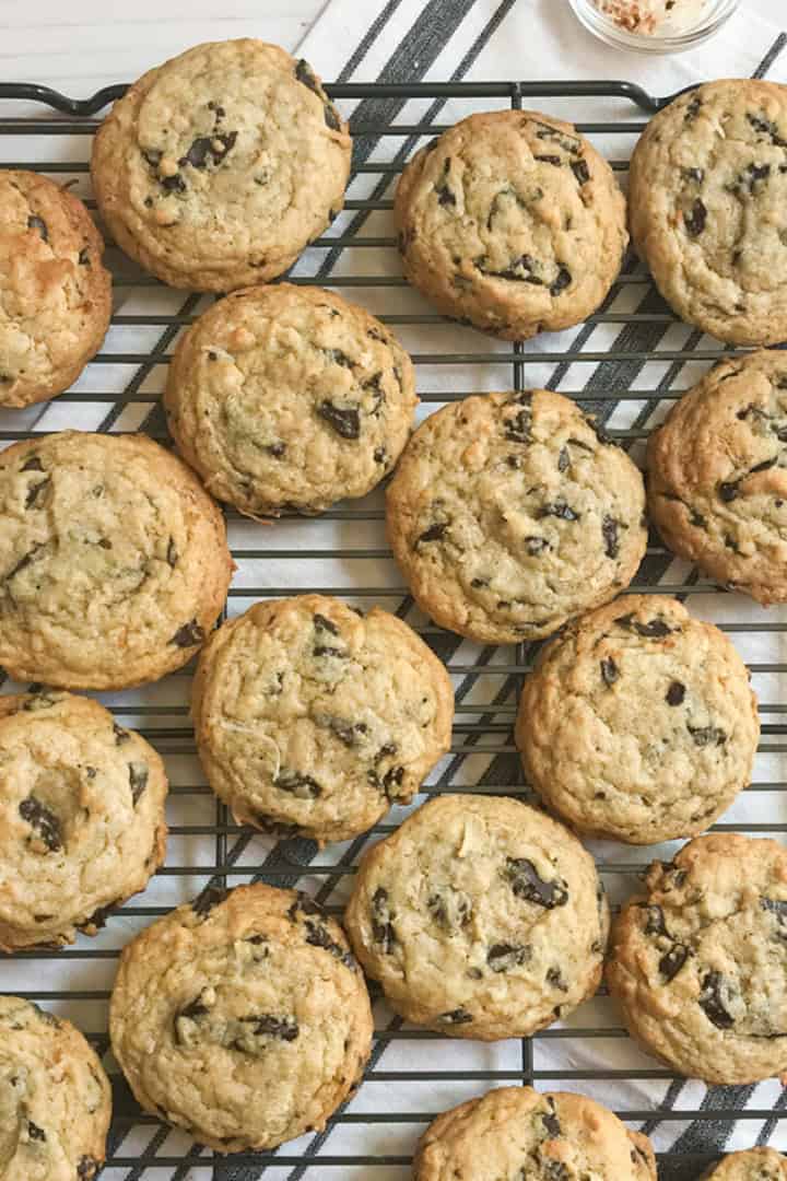 Square image of Nordstrom Royal Cookies on a wire rack for serving.
