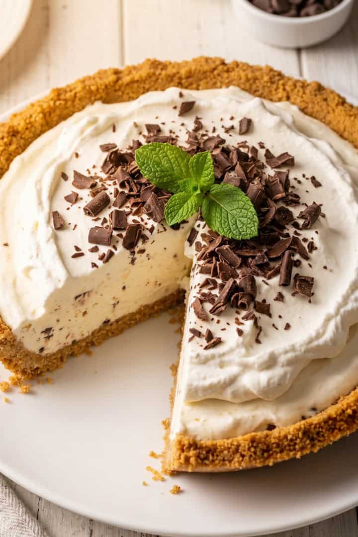 A decadent Ice Cream Pie with a graham cracker crust is topped with whipped cream, chocolate shavings, and mint leaves. One slice has been removed.
