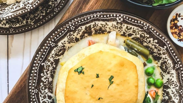 Bowl of Slow Cooker Chicken Pot Pie with Biscuit
