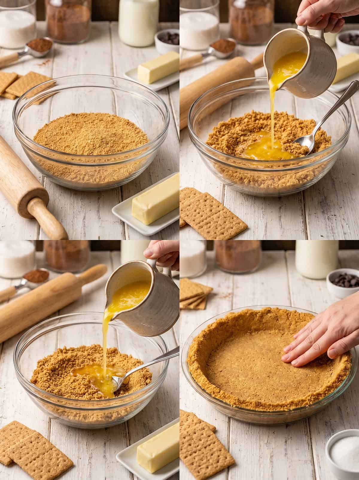 Four-panel image showing the process of making a graham cracker pie crust for an Ice Cream Pie: mixing crumbs and butter, pouring butter, combining, and pressing mixture into a pie dish.
