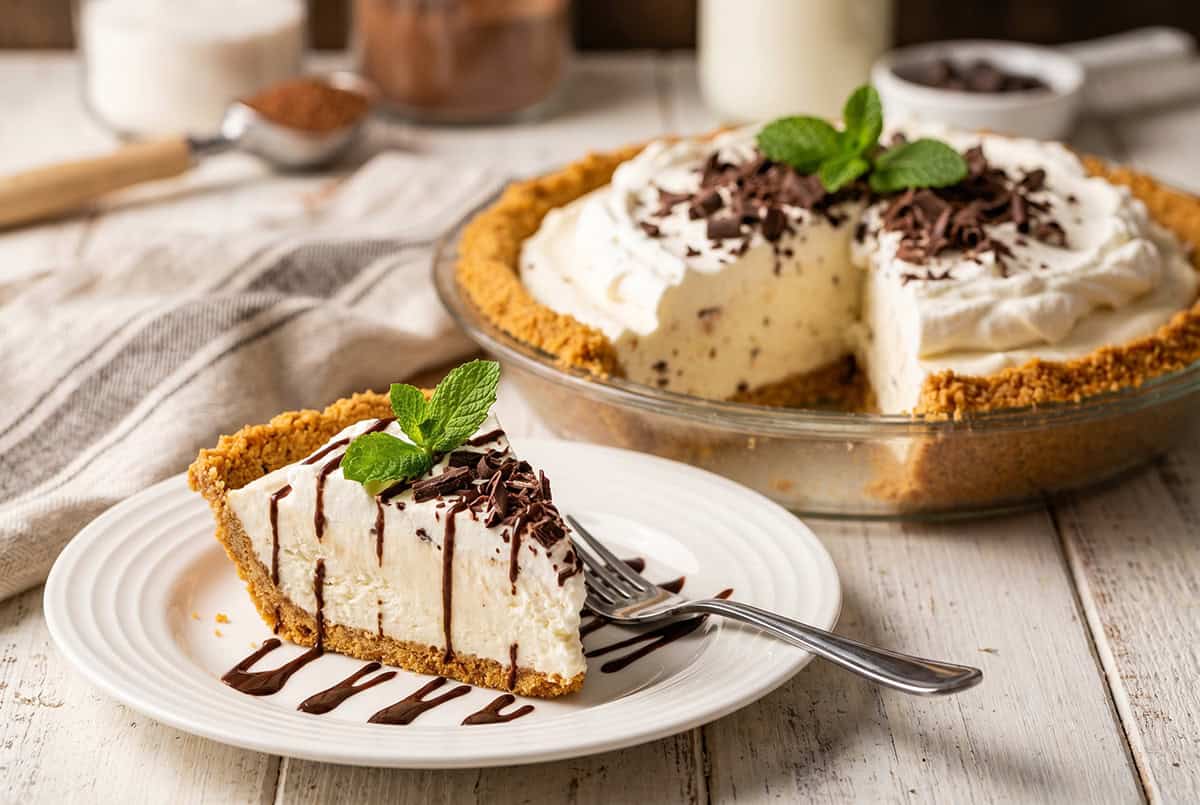 A slice of Ice Cream Pie with chocolate shavings and mint garnish on a plate, with the rest of the pie in the background.