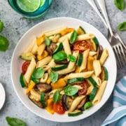 thumbnail size vegetable pasta on white plate