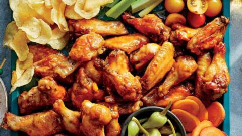 A tray with buffalo chicken wings, potato chips, celery sticks, grape tomatoes, carrot slices, pepperoncini, and a bowl of ranch dip—perfect Game Day Appetizers for sharing with friends.