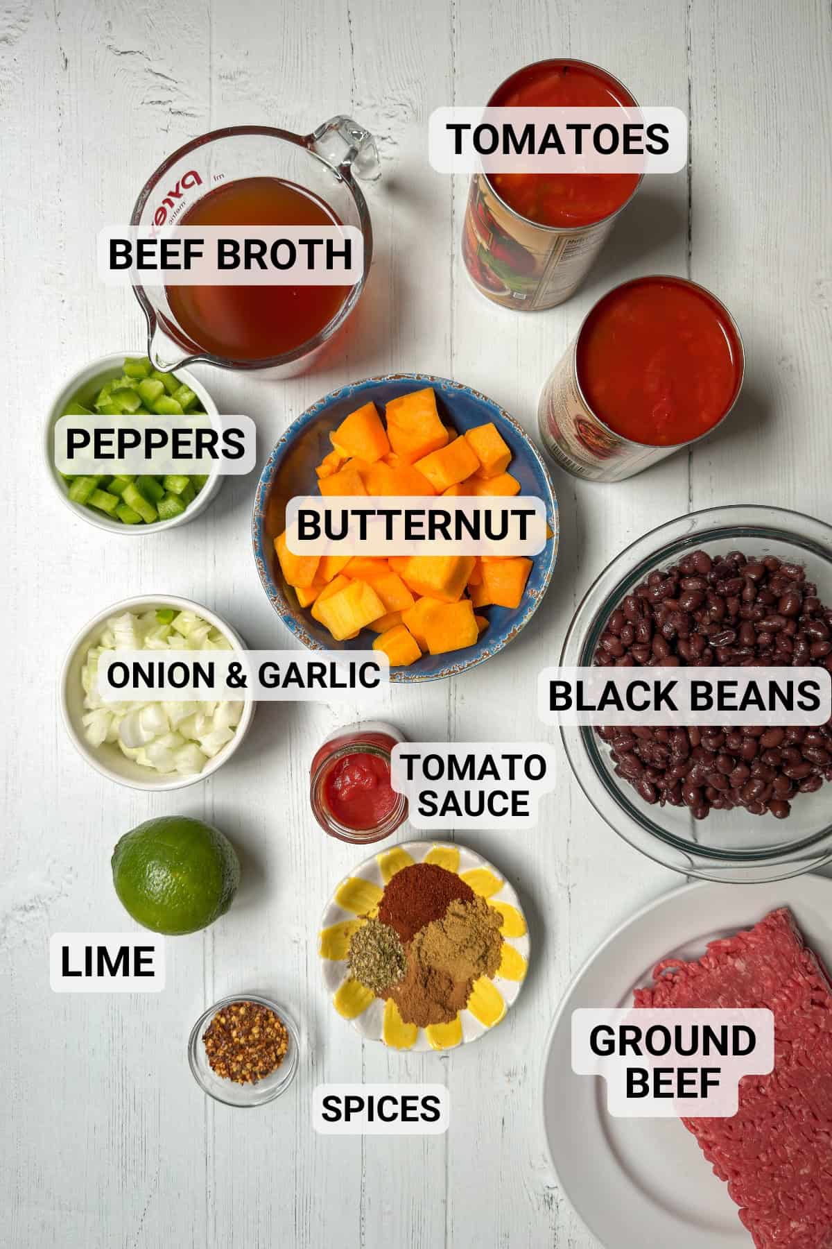 Ingredients for beef and butternut squash chili featuring ground beef, black beans, squash aromatics, spices, and tomatoes.