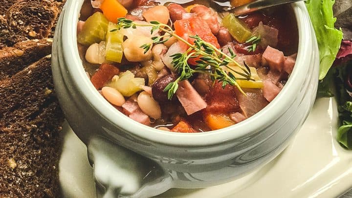 closeup of a bowl of instant pot 15 bean soup