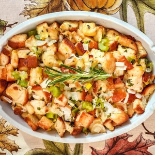Overhead view of Classic Stuffing in a White Casserole Dish