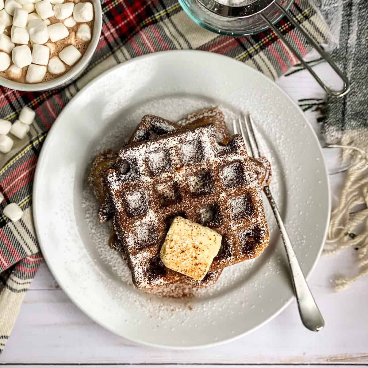 Gingerbread waffles on a plate topped with butter and powdered sugar with a mug of hot chocolate nearby.
