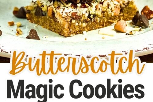Four stacked butterscotch magic cookie bars with chocolate chips and nuts rest on a white plate. Text reads "Butterscotch Magic Cookie Bars" and "31Daily.com." Below, a close-up reveals the delightful toppings on these irresistible bars.