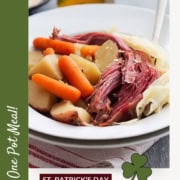 Enjoy a classic St. Patrick’s Day one-pot meal of Corned Beef and Cabbage, paired with tender potatoes and carrots in a hearty bowl.