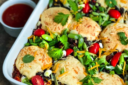 View of Whole Spicy Black Bean Cornbread Casserole in Baking Pan