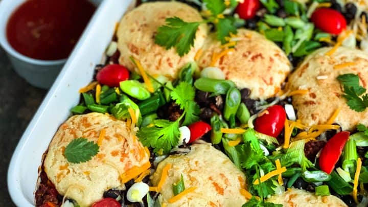 View of Whole Spicy Black Bean Cornbread Casserole in Baking Pan