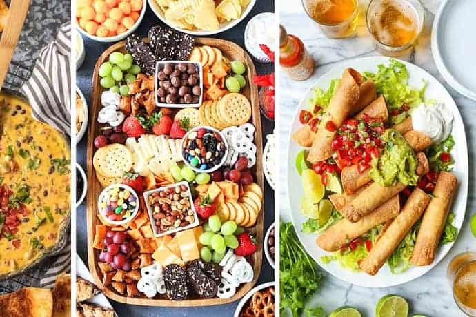 A collage showcasing Super Bowl party food: three plates of appetizers, including a cheesy dip with tortilla chips, an assorted snack platter with cheeses, fruits, and chocolates, and taquitos paired with guacamole and sour cream, adorned with lime wedges and sauces.