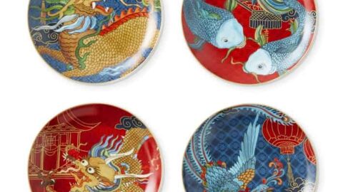 Four decorative plates featuring intricate Asian-inspired designs with dragons, koi fish, and traditional architectural elements in red, blue, and gold tones—perfect for celebrating Lunar Chinese New Year.