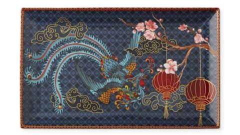 Rectangular tray with a dark blue patterned background featuring a colorful phoenix, pink cherry blossoms, and two red lanterns with gold accents—perfect for celebrating Lunar Chinese New Year.