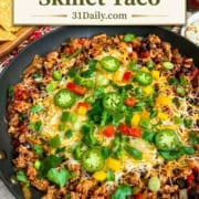 A skillet filled with a flavorful Skillet Taco mixture of ground meat, beans, peppers, onions, melted cheese, and sliced jalapeños, garnished with green onions. Text above reads "One Pot Easy Skillet Taco.