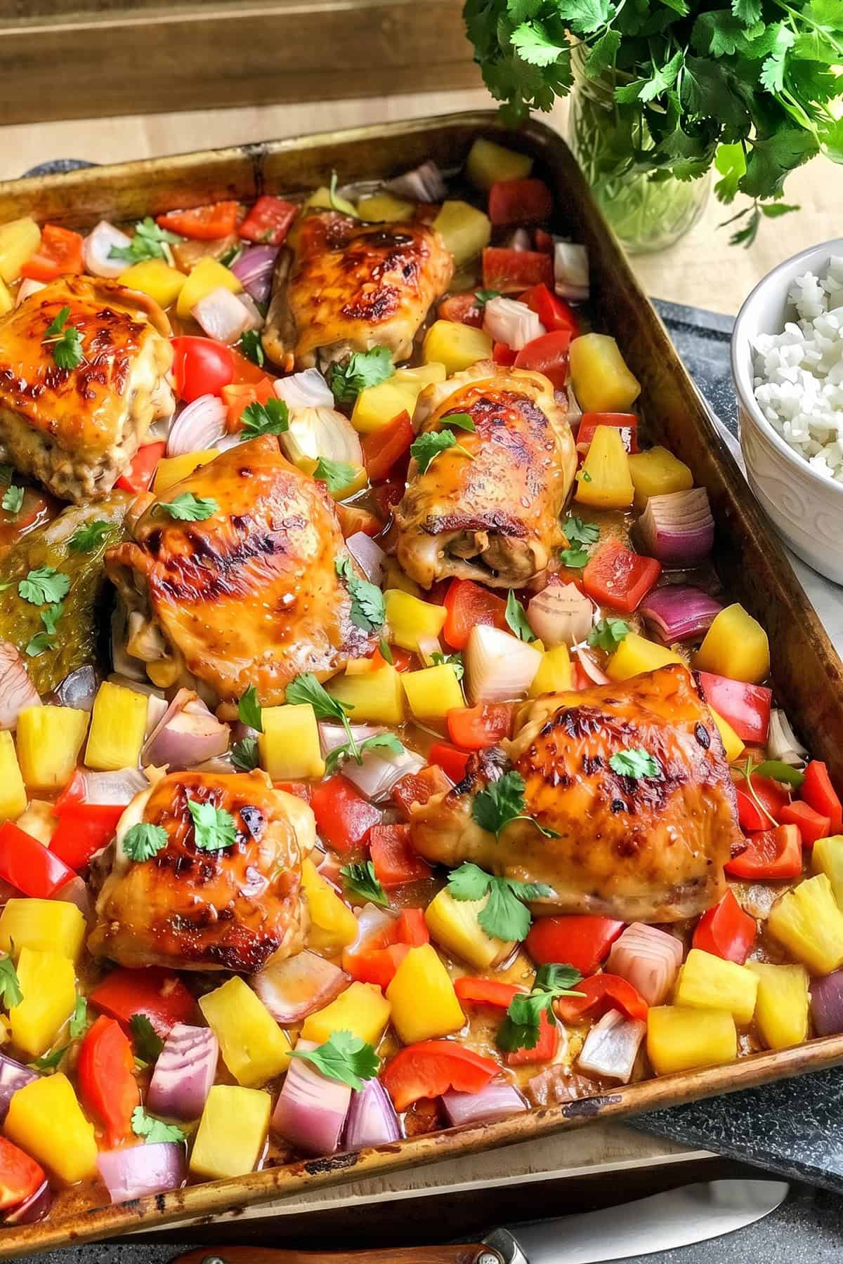 Sheet pan Hawaiian chicken dinner with glazed chicken thighs, pineapple chunks, red onion, and red bell pepper for a sweet and savory meal.