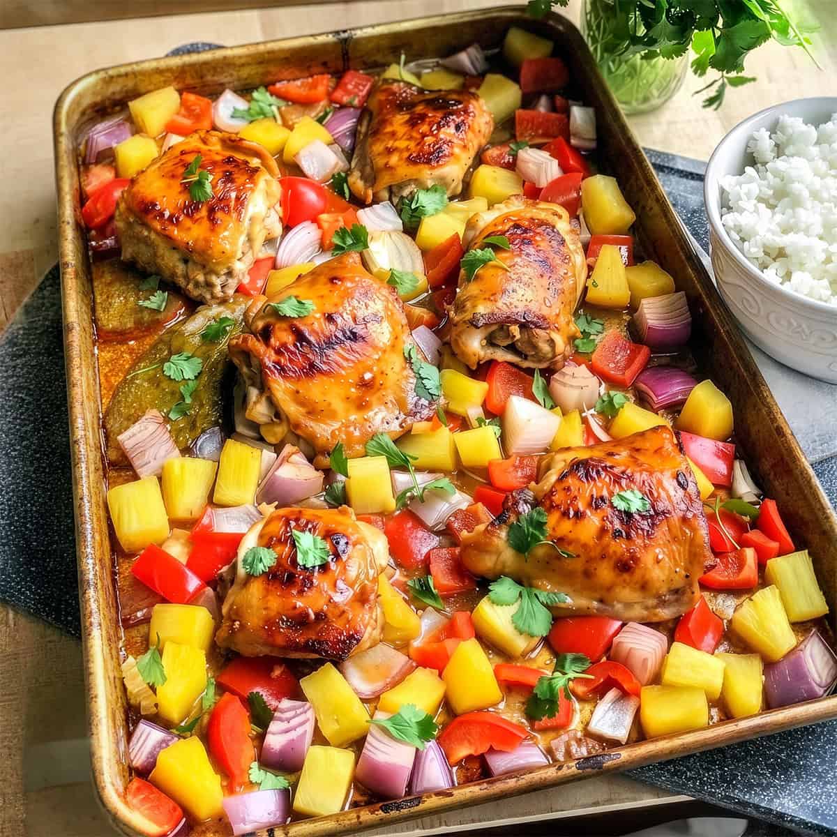 Sheet pan Hawaiian chicken thighs baked with chopped red onions, red and yellow bell peppers, pineapple chunks, and fresh parsley, served alongside a bowl of white rice.