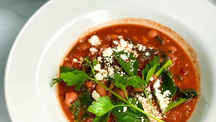 Side view of 2 bowls of Spicy White Bean Soup
