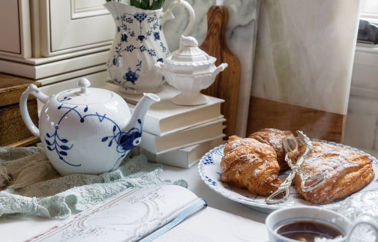 Planning Spring Gatherings with Blue and White Tea Service and Croissants