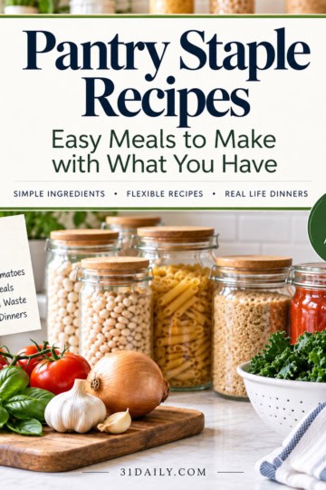 Pantry staple ingredients including beans, pasta, grains, canned tomatoes, fresh vegetables, garlic, onions, and kale arranged in a bright kitchen.