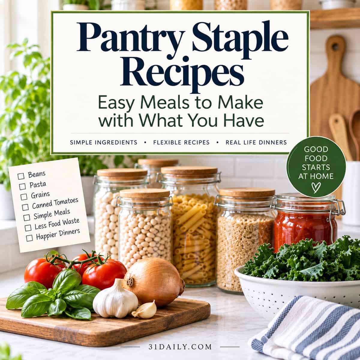 Pantry staple ingredients including beans, pasta, grains, canned tomatoes, fresh vegetables, garlic, onions, and kale arranged in a bright kitchen.