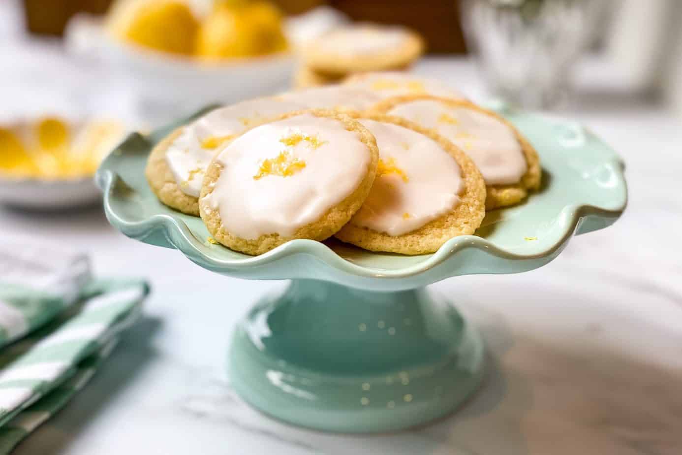 Closeup of Lemon Tea Cookies on a Teal Cake Stand