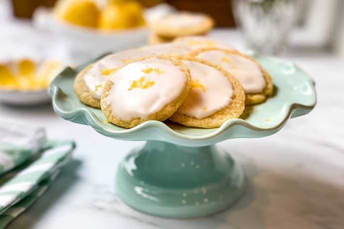 Lemon Tea Cookies on a Teal Stand