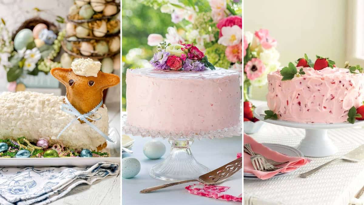 Three cakes are displayed: a lamb-shaped cake with white frosting and a blue ribbon, a round pink cake topped with flowers, and a pink cake with strawberry pieces-perfect inspiration for Easter Cake Recipes.