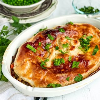 Closeup of Irish Cottage Pie in a White Oval Baking Dish