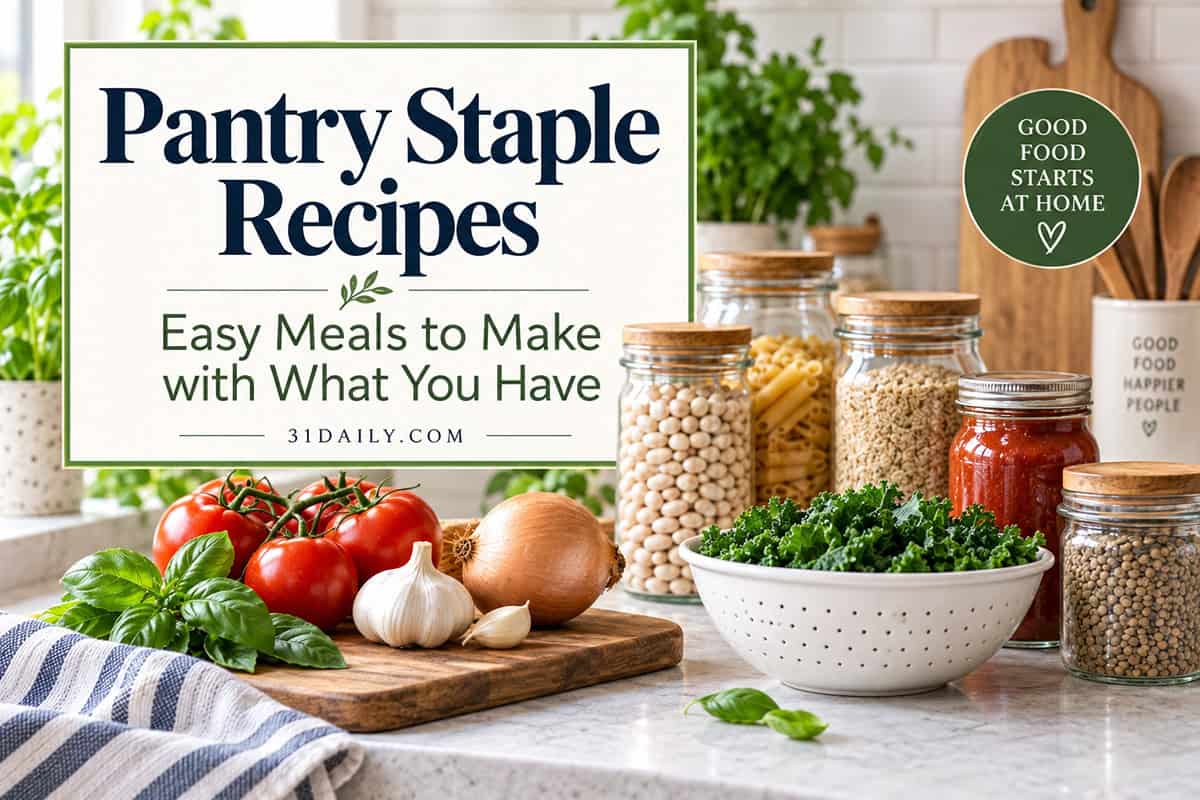 Pantry staples and fresh ingredients on a kitchen counter, including beans, lentils, pasta, grains, tomatoes, garlic, onions, kale, and herbs.