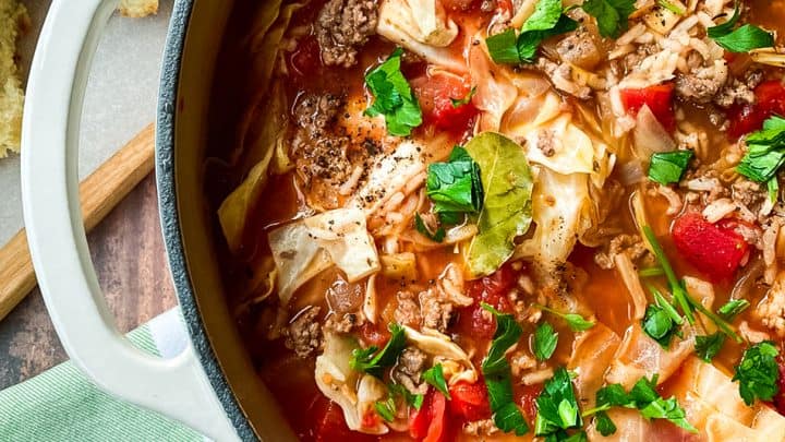 Closeup of Cabbage Roll Soup in a White Soup Pot