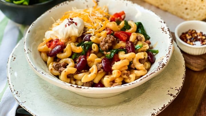 Side view of Chili Mac and Cheese with Spinach