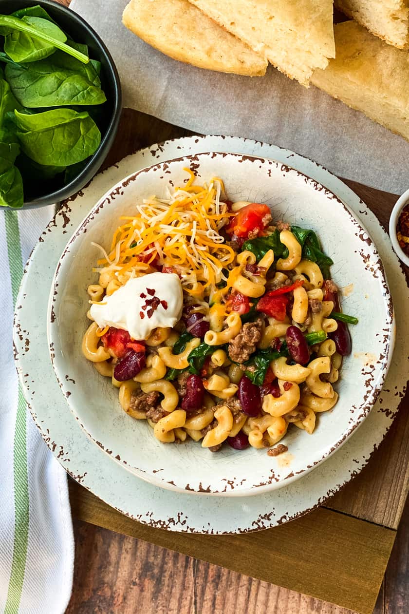 Top view of a bowl of Instant Pot Chili Mac