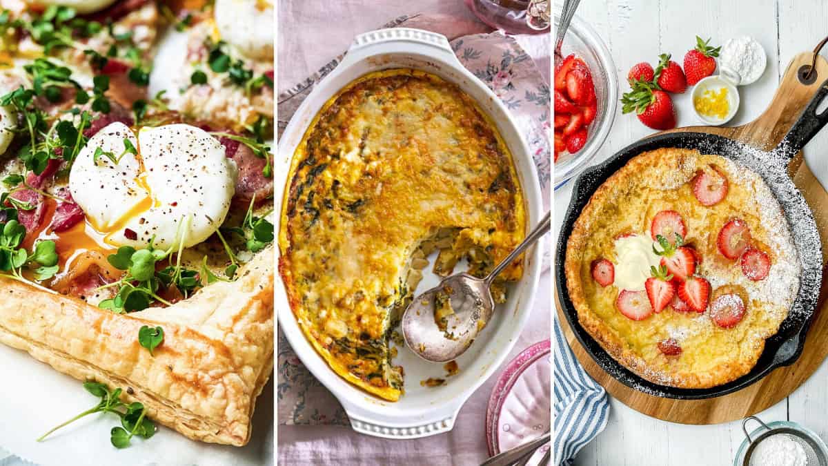 Three Easter Breakfast recipes: a puff pastry tart with greens and poached eggs, a baked egg casserole with a serving spoon, and a skillet pancake topped with strawberries and powdered sugar.