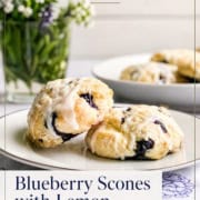 Single image poster of golden blueberry scones drizzled with lemon butter glaze, styled for breakfast or brunch, with text overlay on a clean background.