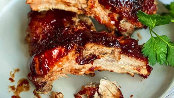Individual Portion of Instant Pot Ribs on a White Plate