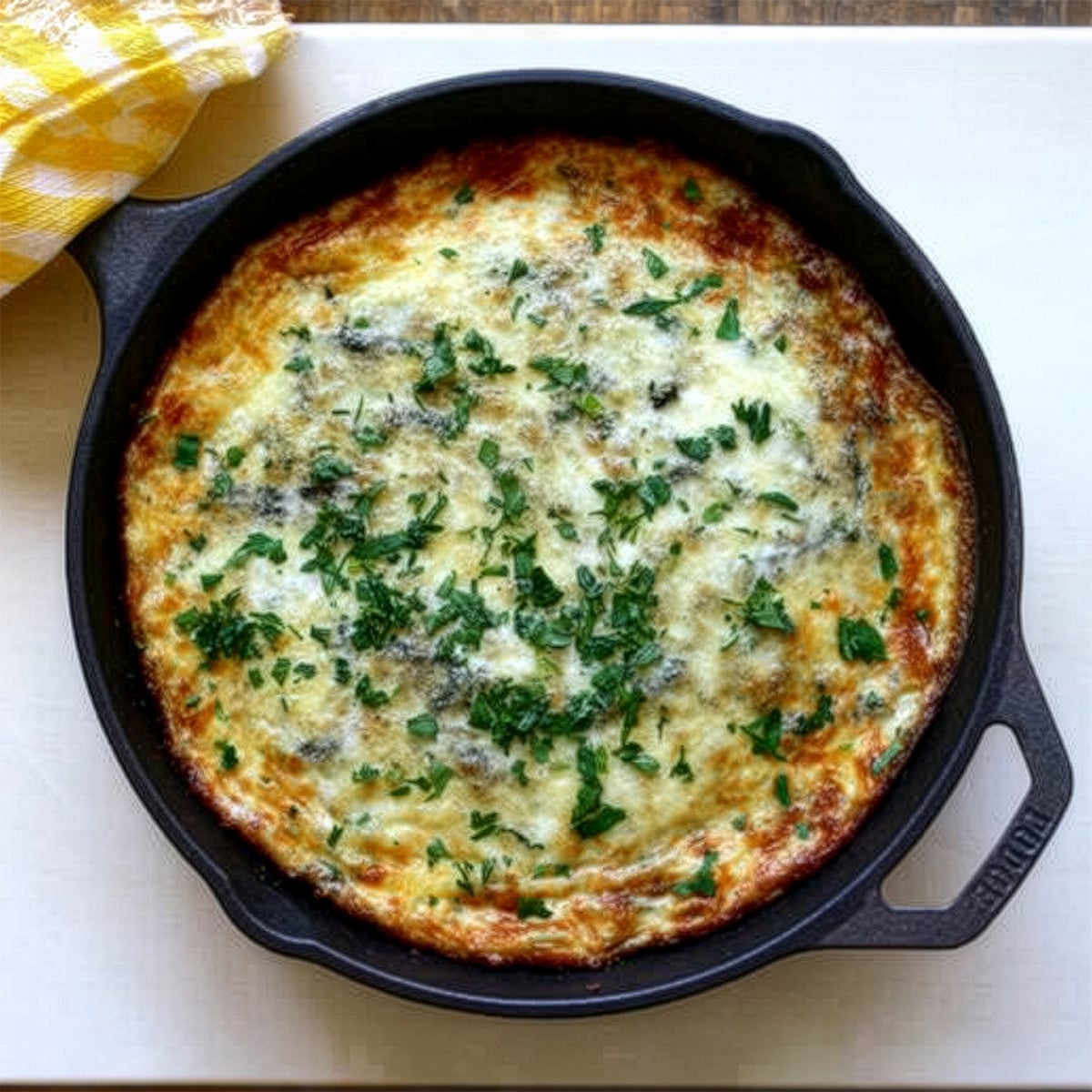 A ham and roasted asparagus frittata, topped with chopped herbs, is shown baked in a black cast iron skillet on a light surface.