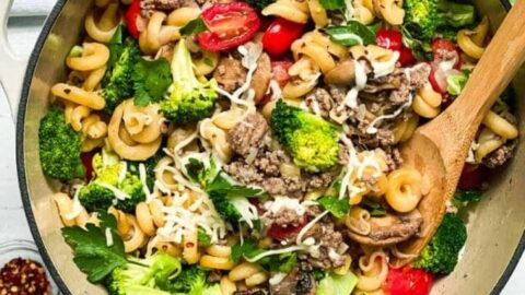 Top view of Easy One Pot Pasta with Ground Beef and Broccoli with a Wooden Spoon