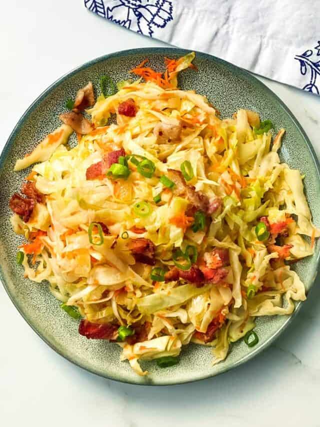 Top View of a Plate of Hot Slaw with Bacon