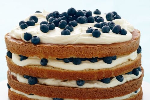 A four-layered sponge cake with cream and blueberries between layers and on top, displayed on a white plate-perfect for Memorial Day Desserts.