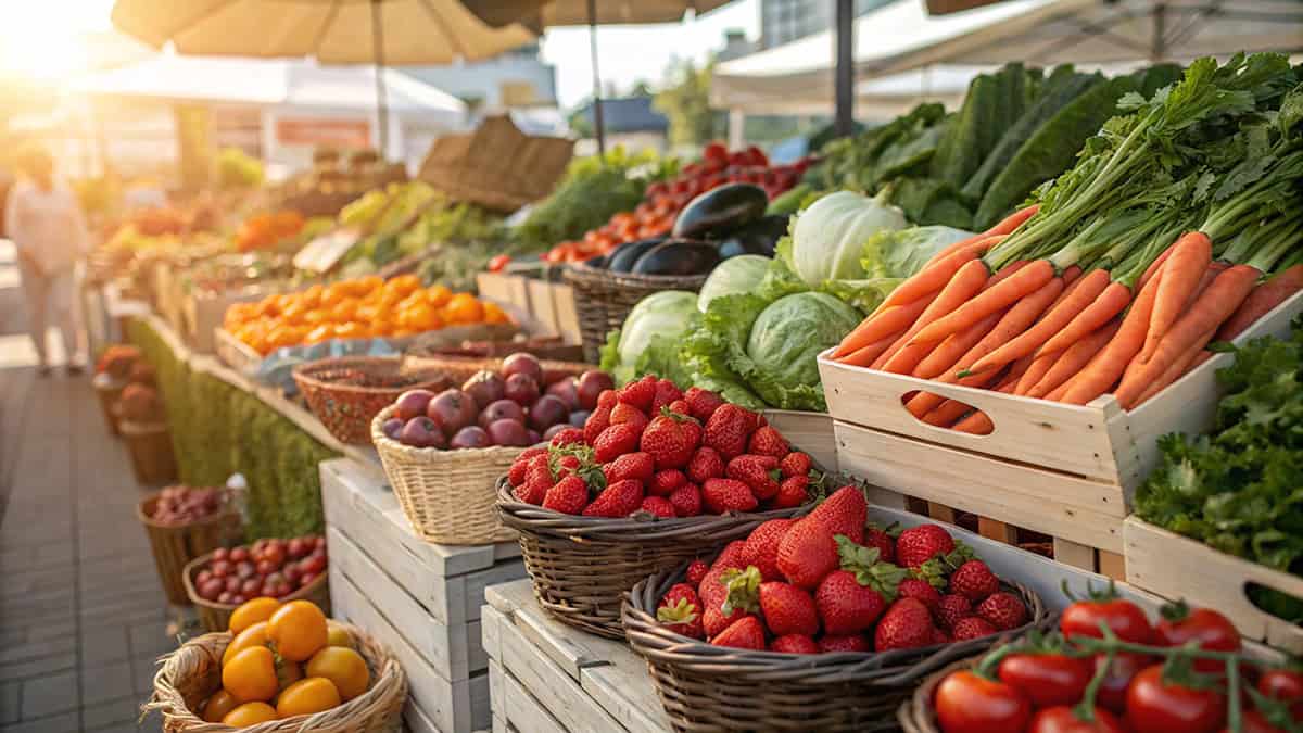 Baskets and crates of fresh vegetables and fruits, perfect for inspiring What to Cook in May, including carrots, strawberries, lettuce, tomatoes, and berries are displayed on tables at an outdoor market under umbrellas.